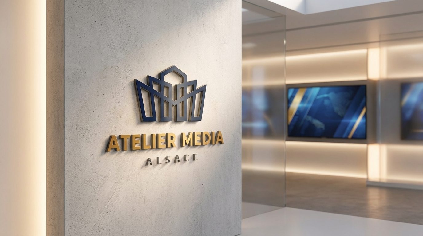 Le mur d'accueil du studio, avec le logo AMA en relief.